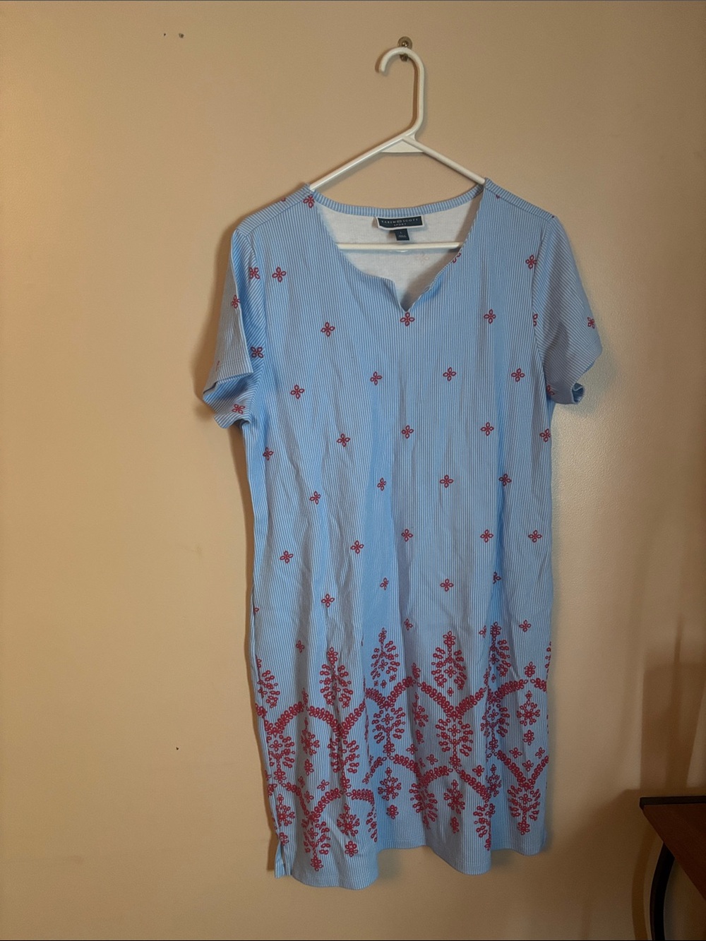 Light Blue Embroidered Shift Dress with Red Motif